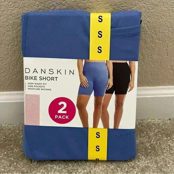 Danskin Bike Shorts NWT 2 Pack Black Blue High Waist Side Pocket Women Sz Small. - Picture 1 of 6
